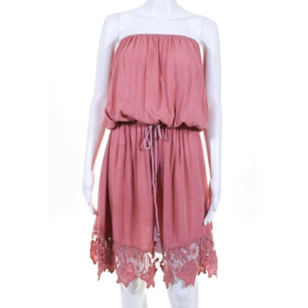 Tiare Hawaii Crochet Strapless Tassel Mini Dress - Boho Pink - Picture 2 of 7
